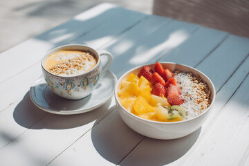 Smoothie bowl topped with strawberries, mango, and granola beside a cup of coffee on a white table, captured in bright natural light for fresh breakfast imagery.