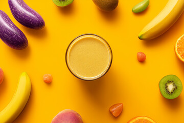 Glass of fruit smoothie surrounded by colorful fruits including banana, kiwi, peach, and berries on a bright yellow background, captured for vibrant food visuals.