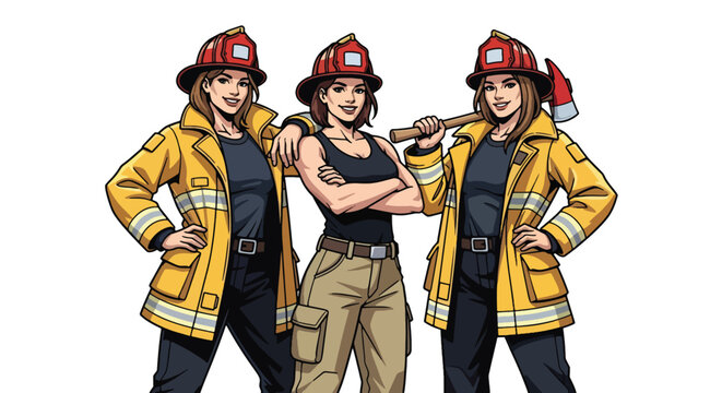 Set of vector illustrations of female firefighters in strong emergency poses, perfect for safety education, rescue training, and fire service promotional materials
