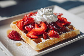 Crisp waffle topped with sliced strawberries, whipped cream, and powdered sugar, photographed on a white plate in bright natural light for appetizing breakfast visuals.