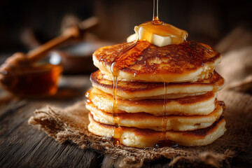 Golden pancake stack with butter and glossy syrup drizzle, photographed in warm lighting for rich, inviting breakfast and food imagery.