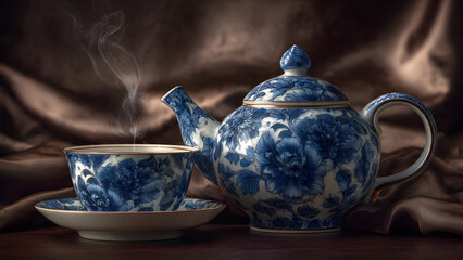 Elegant white porcelain tea cup with blue floral design