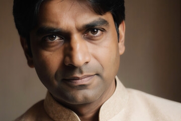 Obraz premium A Fashion Portrait captures a serious adult South Asian man wearing a cream traditional garment under intimate, dramatic lighting.