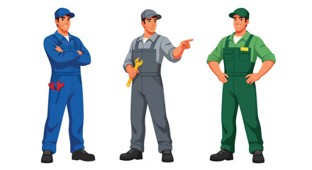 Set of vector illustrations of male mechanics in professional workshop poses, ideal for automotive service branding, repair marketing, and technical education