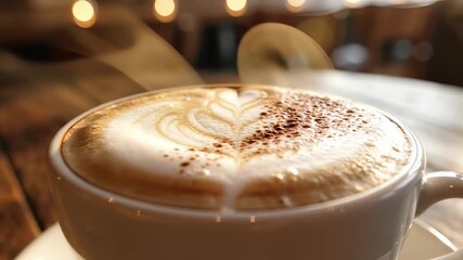 Delicate cappuccino cups with artfully designed foam sit on a table, capturing the essence of warmth and togetherness, inviting users to linger over a comforting cup of coffee with loved ones.