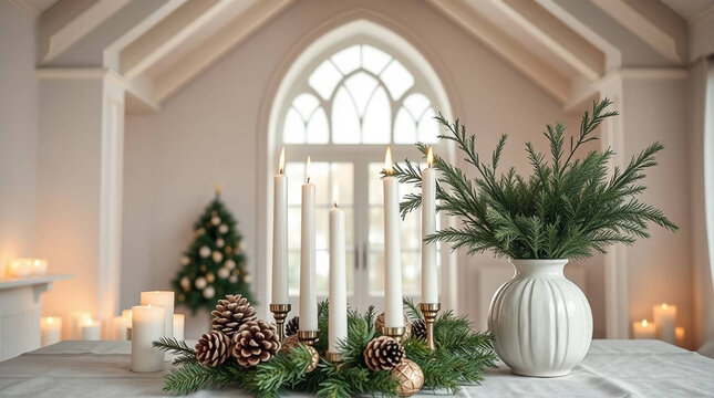 Beautiful Christmas interior with burning candles and fir branches in vase