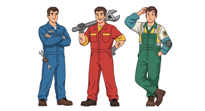 Set of vector illustrations of male mechanics in professional workshop poses, ideal for automotive service branding, repair marketing, and technical education
