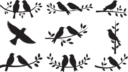 Silhouette birds on branches with leaves vector illustration for design