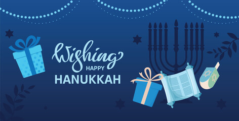 Happy Hanukkah, Traditional Jewish Winter holiday banner with festive symbols, donuts, oil jar, Menorah, Torah scroll, and gifts. Good for greeting cards, posters, and seasonal marketing materials.