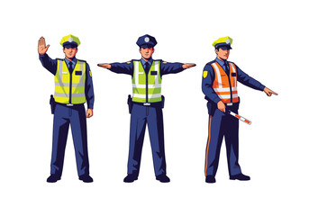 Set of vector illustrations of male traffic police officers managing vehicle flow, ideal for road safety education, transportation materials, and public guidance content