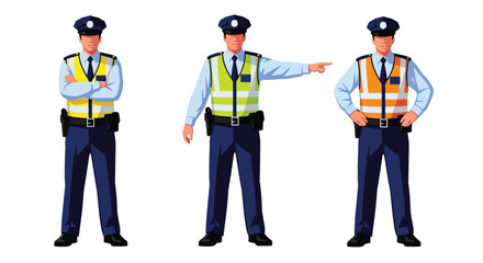 Set of vector illustrations of male traffic police officers managing vehicle flow, ideal for road safety education, transportation materials, and public guidance content
