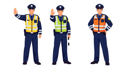 Set of vector illustrations of male traffic police officers managing vehicle flow, ideal for road safety education, transportation materials, and public guidance content
