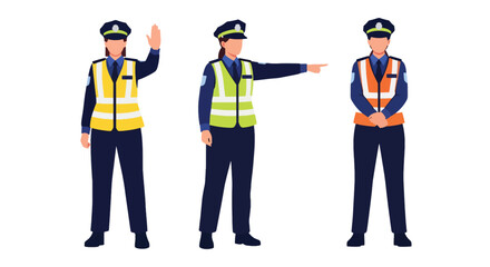Set of vector illustrations of female traffic police officers directing vehicles, perfect for transportation safety, traffic education, and public instruction materials