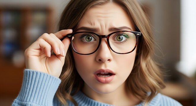 Confused Female Lifting Her Eyeglasses