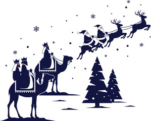 Christmas scene with santa claus in sleigh and three wise men on camel