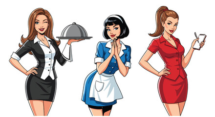 Set of vector illustrations of female waitresses in various service poses, perfect for cafe branding, hospitality materials, menus, and customer-friendly marketing
