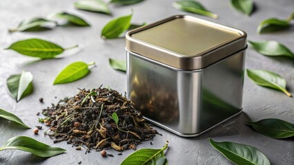 Tea tin with loose leaves mockup packaging mockup label mockup metal mockup tea mockup aroma mockup kitchen mockup storage mockup background image