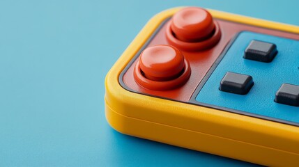 Close-up of a vintage retro handheld game console with orange joysticks and blue buttons, on a vibrant blue background. Nostalgic gaming technology.