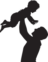 Silhouette of a father playfully hoisting his child high into the air against white