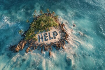 Aerial drone view of text help written on stranded castaway island surrounded by sea or ocean water 