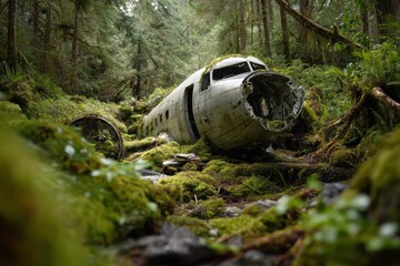 Plane Crash Site: Debris on Moss-Covered Forest Floor