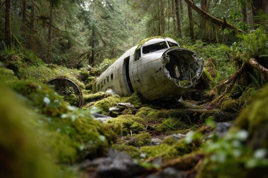 Plane Crash Site: Debris on Moss-Covered Forest Floor - Powered by Adobe