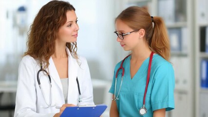 Two female doctors reviewing medical records in a bright office setting - Powered by Adobe