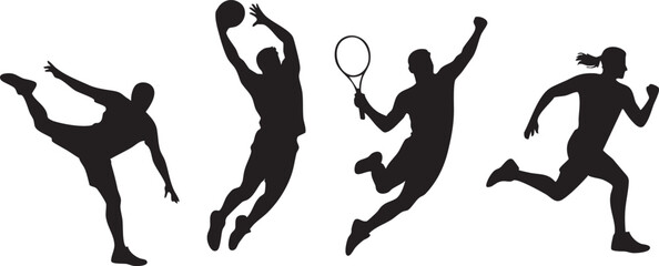 Silhouette of diverse athletes including a kicker, basketball player, tennis player, and runner appear against white