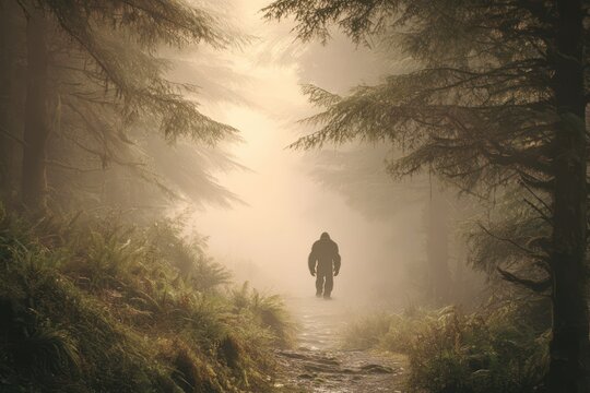 Bigfoot Walking Along Foggy Path Mystical Morning Scene