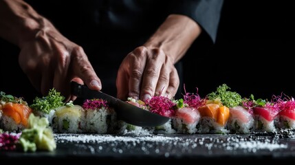 Detailed View of Chef Preparing Colorful Sushi