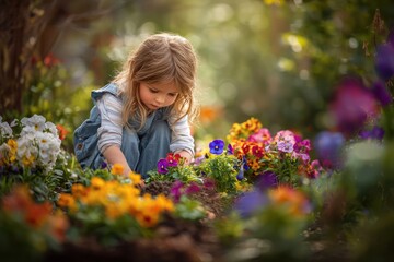 Fototapeta premium Joyful Child Planting Flowers in Vibrant Spring Garden