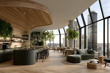 Large open space with a lot of greenery and a view of the city. The space is designed to be a comfortable and inviting place for people to gather and socialize