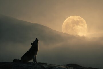 Dramatic Canine Silhouette Against Moonlit Misty Horizon