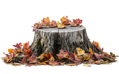Tree stump surrounded by colorful fall leaves creating a serene and natural autumn landscape isolated on transparent background PNG