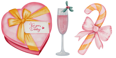 Soft watercolor clipart featuring a pink Christmas gifts and seasonal décor. Perfect for holiday cards, packaging design, and winter creative projects.