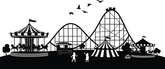 Black and white silhouette of an amusement park with carousel roller coaster and tents