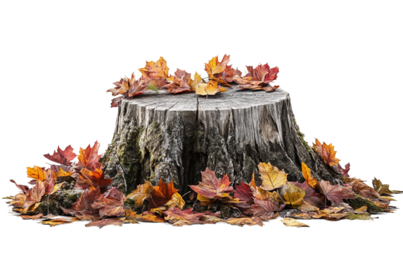 Tree stump surrounded by colorful fall leaves creating a serene and natural autumn landscape isolated on transparent background PNG