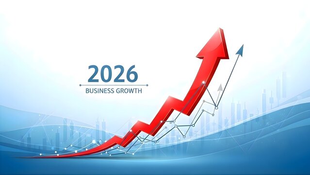 Clean business growth chart with large red arrow pointing up and blue bar graphs on a light background. Concept of financial success, market increase, and positive outlook for 2026. - Powered by Adobe