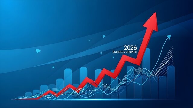 Business growth chart with upward red arrow and bar graph over a vibrant blue background. Concept of success, finance, investment, and market trend forecasting for the year 2026.