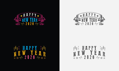 Happy New Year 2026 vector logo set. Trendy typography for posters and apparel.
