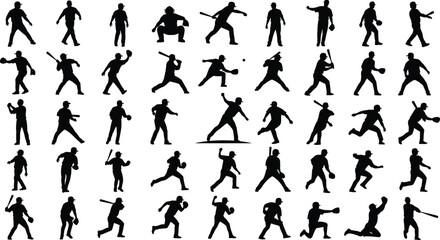 Black Silhouettes of Baseball Players in Various Poses and Actions black and white
