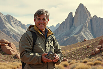 happy, mature male hiker or geologist, smiling while holding and examining a rock specimen in a vast, arid mountain landscape