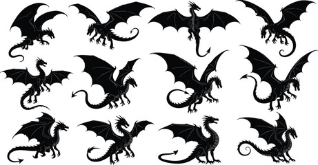 Collection of black dragons in various poses and flying positions fantasy creature