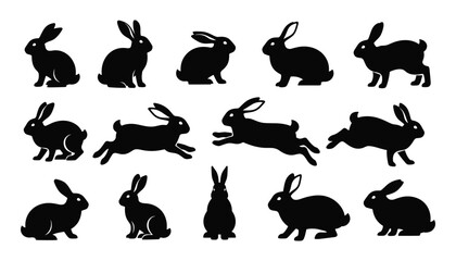 Collection of black rabbit silhouettes in various poses on white background bunny