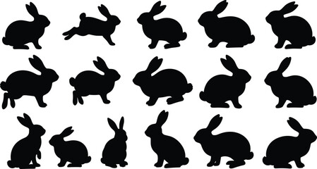Collection of Black Rabbit Silhouettes in Various Poses on White Background bunny 1