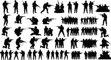 Collection of black silhouette soldiers in various poses with rifles military army