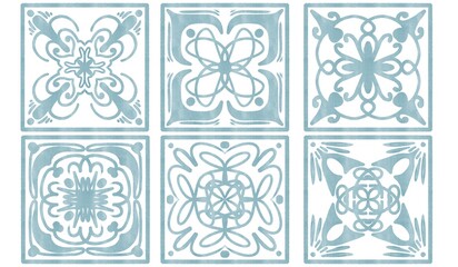 six tiles with blue watercolor patterns	