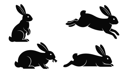 Four black silhouette rabbits in different poses on white background bunny