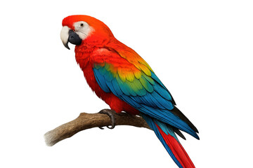 Obraz premium Scarlet macaw bird perching on a brown branch, displaying its vivid red, blue, and yellow feathers on a transparent background