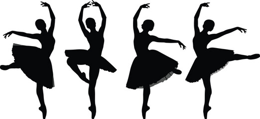 Four black silhouettes of ballerinas in various dance poses on white background ballet